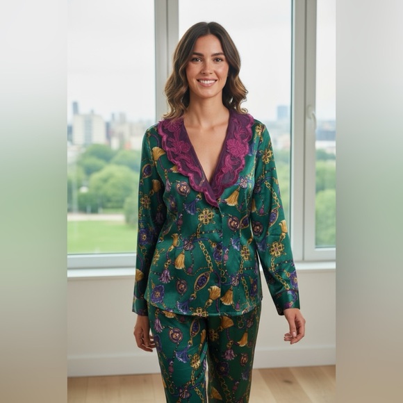 VICTORIAS SECRET🎄VTG Satiny PJ SET in teal & purple in a gold tassel print SZ S - Picture 2 of 16